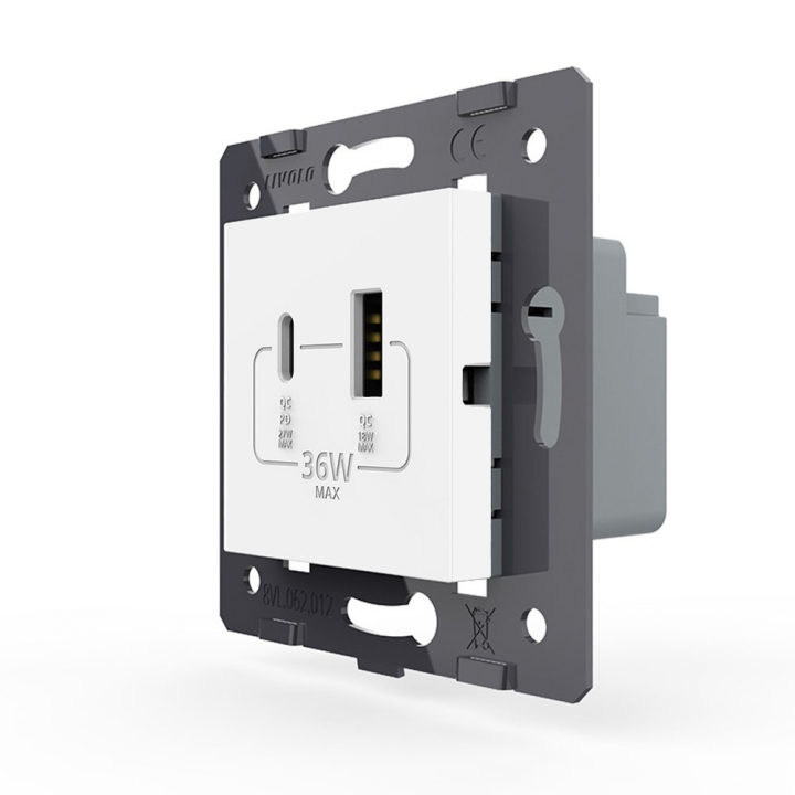 Розетка USB type C+A с блоком питания 36W Livolo, цвет белый (механизм)
