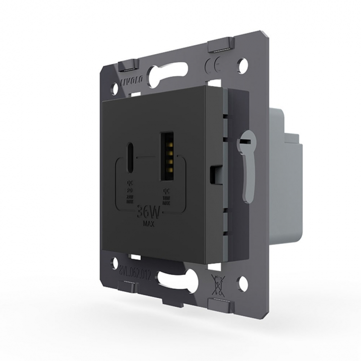 Розетка USB type C+A с блоком питания 36W Livolo, цвет черный (механизм)