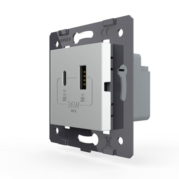 Розетка USB type C+A с блоком питания 36W Livolo, цвет серый (механизм)