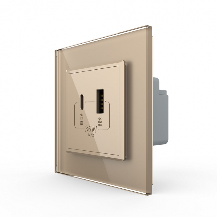 Розетка USB type-C и USB type-A, блоком питания 36W Livolo, 1 пост, цвет золотой