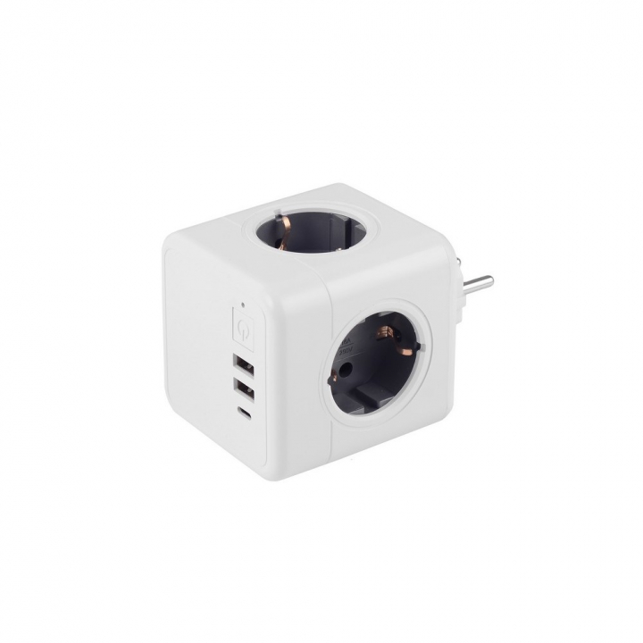 Разветвитель Cube Original 4 Euro 16A, 3 USB 2A+C с блоком 5В/3.0А RocketSocket, цвет белый-серый