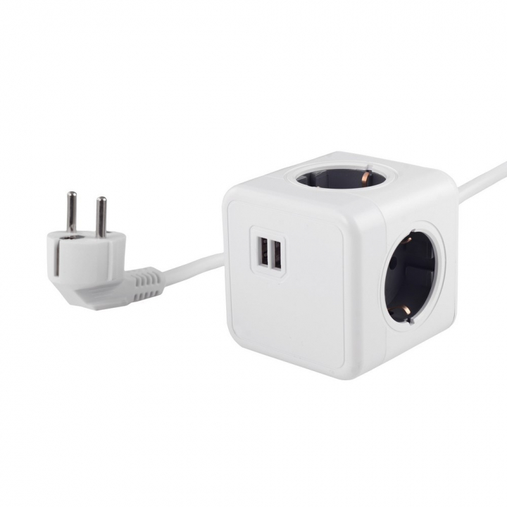 Удлинитель Cube Extended 4 Euro 16A, 2 USB A с блоком 5В/2.1А, кабель 1,5м RocketSocket, цвет белый-серый