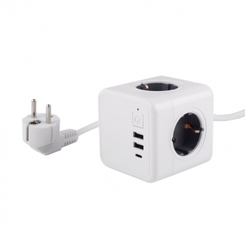 Удлинитель Cube Extended 4 Euro 16A, 3 USB 2A+C с блоком 5В/3.0А, кабель 1,5м RocketSocket, цвет белый-серый