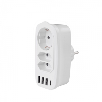 Разветвитель Socket Adapter 3 Euro 16A, 4 USB 3A+C с блоком 5В/3.1А RocketSocket, цвет белый-серый