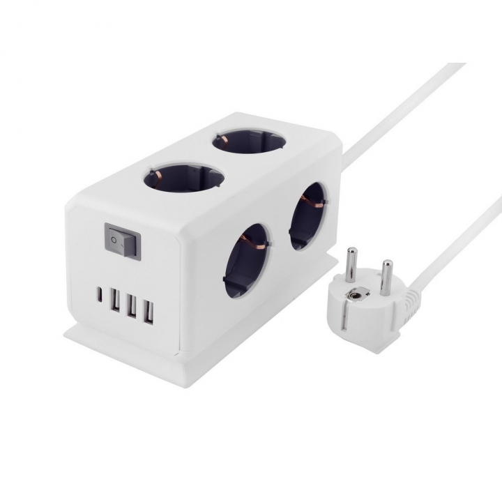 Удлинитель BiCube Extended 6 Euro 16A, 4 USB 3A+C с блоком 5В/3.1А, кабель 1,5м RocketSocket, цвет белый-серый