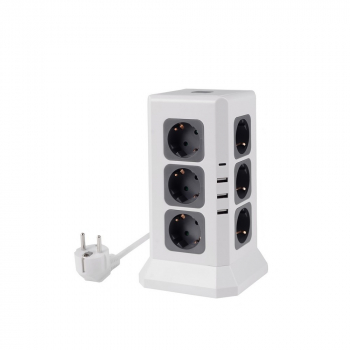 Удлинитель Tower Extended 12 Euro 16A, 4 USB 3A+C с блоком 5В/3.4А, кабель 2,0м RocketSocket, цвет белый-серый