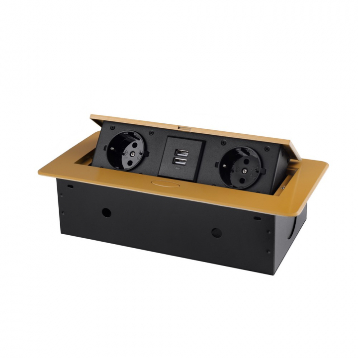 Розетка горизонтальная выдвижная 2 Euro 16A, 2 USB A с блоком 5В/2.1А RocketSocket, проводка, цвет золотой