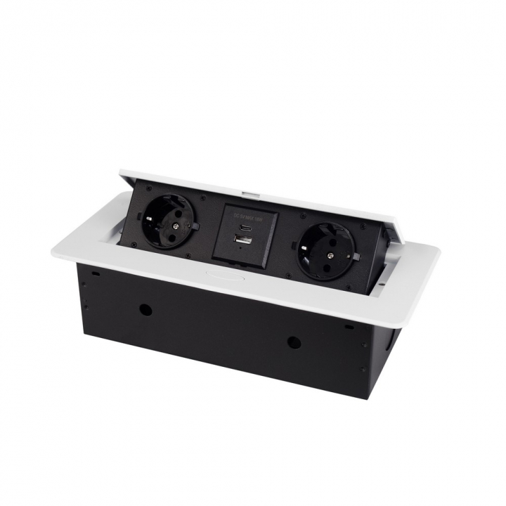 Розетка горизонтальная выдвижная 2 Euro 16A, USB type A+C с блоком 18W RocketSocket, проводка, цвет белый