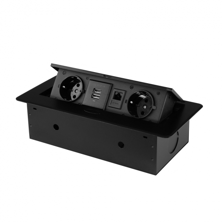 Розетка горизонтальная выдвижная 2 Euro 16A, 2 USB A с блоком 5В/2.1А, RJ45 RocketSocket, проводка, цвет черный