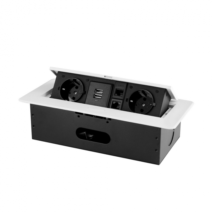 Розетка горизонтальная выдвижная 2 Euro 16A, 2 USB A с блоком 5В/2.1А, 2 RJ45 RocketSocket, проводка, цвет белый