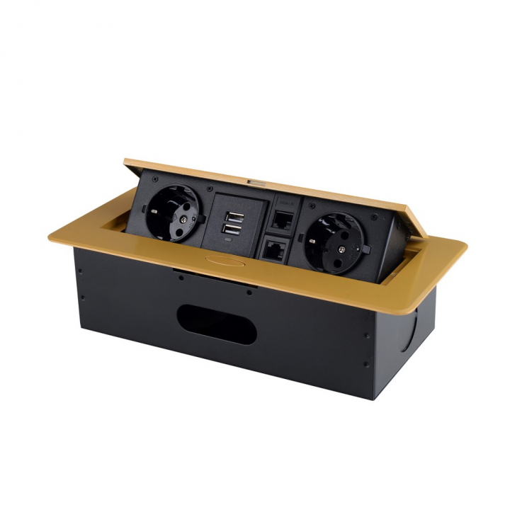 Розетка горизонтальная выдвижная 2 Euro 16A, 2 USB A с блоком 5В/2.1А, 2 RJ45 RocketSocket, проводка, цвет золотой
